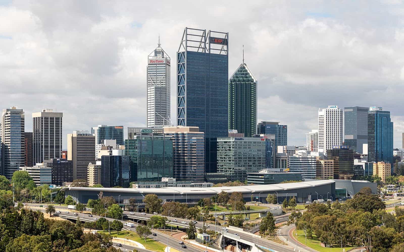 The Perth city skyline and Swan River seen from the lookout in Kings Park on a clear day